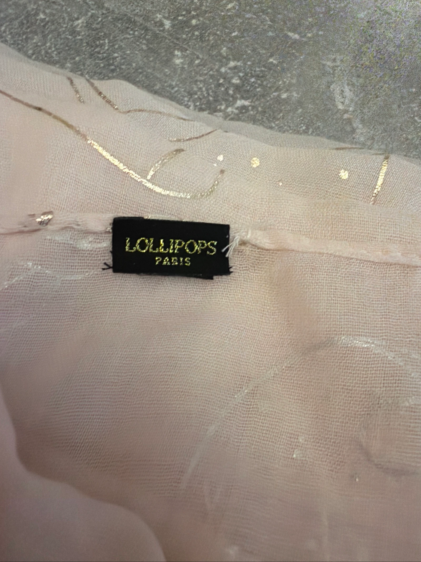 Foulard mujer Lollipops Paris rosa pálido motivos dorados muy buen estado – photo 2